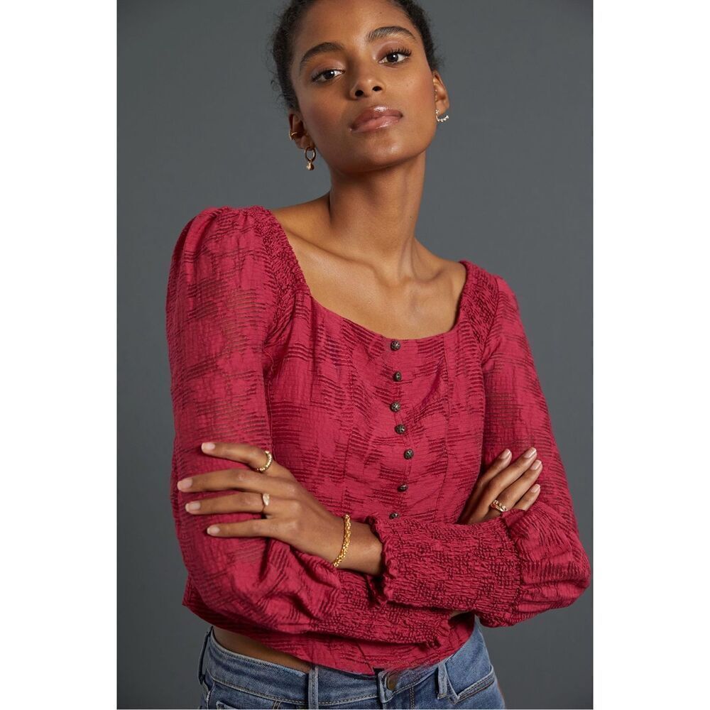 Anthropologie Romantic Puff-Sleeved Blouse Raspberry XS